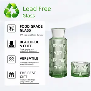 Bedside Water Carafe with Cup And Glass Set, Glass Mouthwash Dispenser for Bathroom, 21.6 Oz Glass Container with 6 Oz Drinking Cup As Lid (Green)