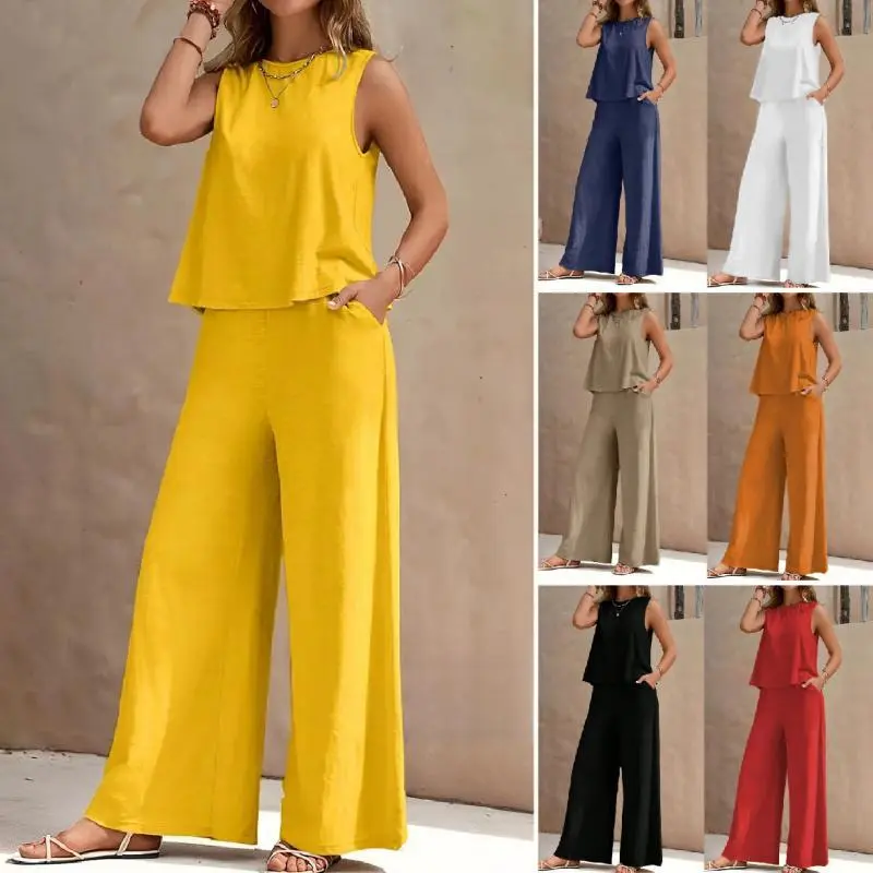 NEW(New)NewSolid Color Elegant Two-Piece Crew Neck Vest and Wide Leg Pants Suit Women's Clothing Womenswear Comfort Basic Minimalist Sleeveless Collared Fitted