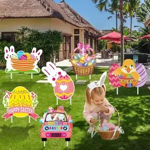 6 Pcs Easter Yard Signs With Stakes Bunny Eggs Basket Chicks Easter Lawn Decorations For School Events Spring Patio Decor Party Props Plastic Insert