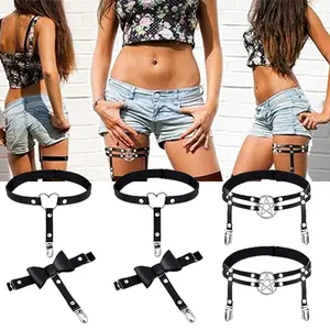 6PCS Women's Thigh High Garter Straps with Anti Slip Clips,, Adjustable Women's Thigh Ring Sling, Heart-shaped Bow Punk Leg Sling, Elastic Punk Gothic Leg Circumference Garter Clip, Fashionable Leg Decoration