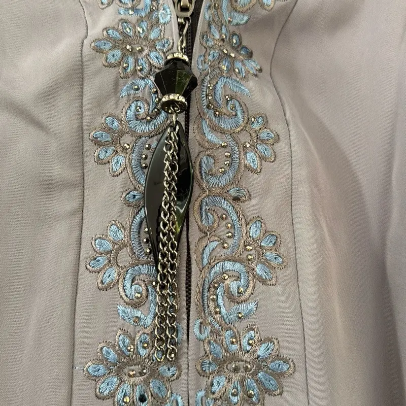 Abaya Embroidery Gray and Blue with Intricate Floral Patterns and Beaded Details