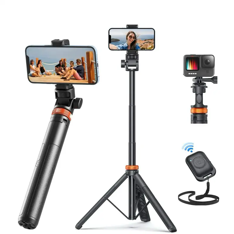 61" Phone Tripod for iPhone/Android & Selfie Stick with Remote, Upgraded Stand, Compatible with iPhone 16/15/14/13, Travel-Friendly & Stable Aluminium Camera