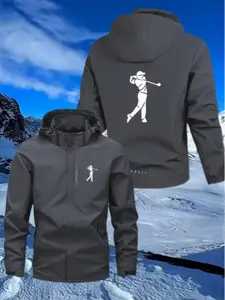 Men's Hooded Full Zip Golf Jacket, Golf Theme Print, Winter Golf Coat, Casual Wear with Pockets and Zipper Design, Athletic Jackets, Athlete Jackets