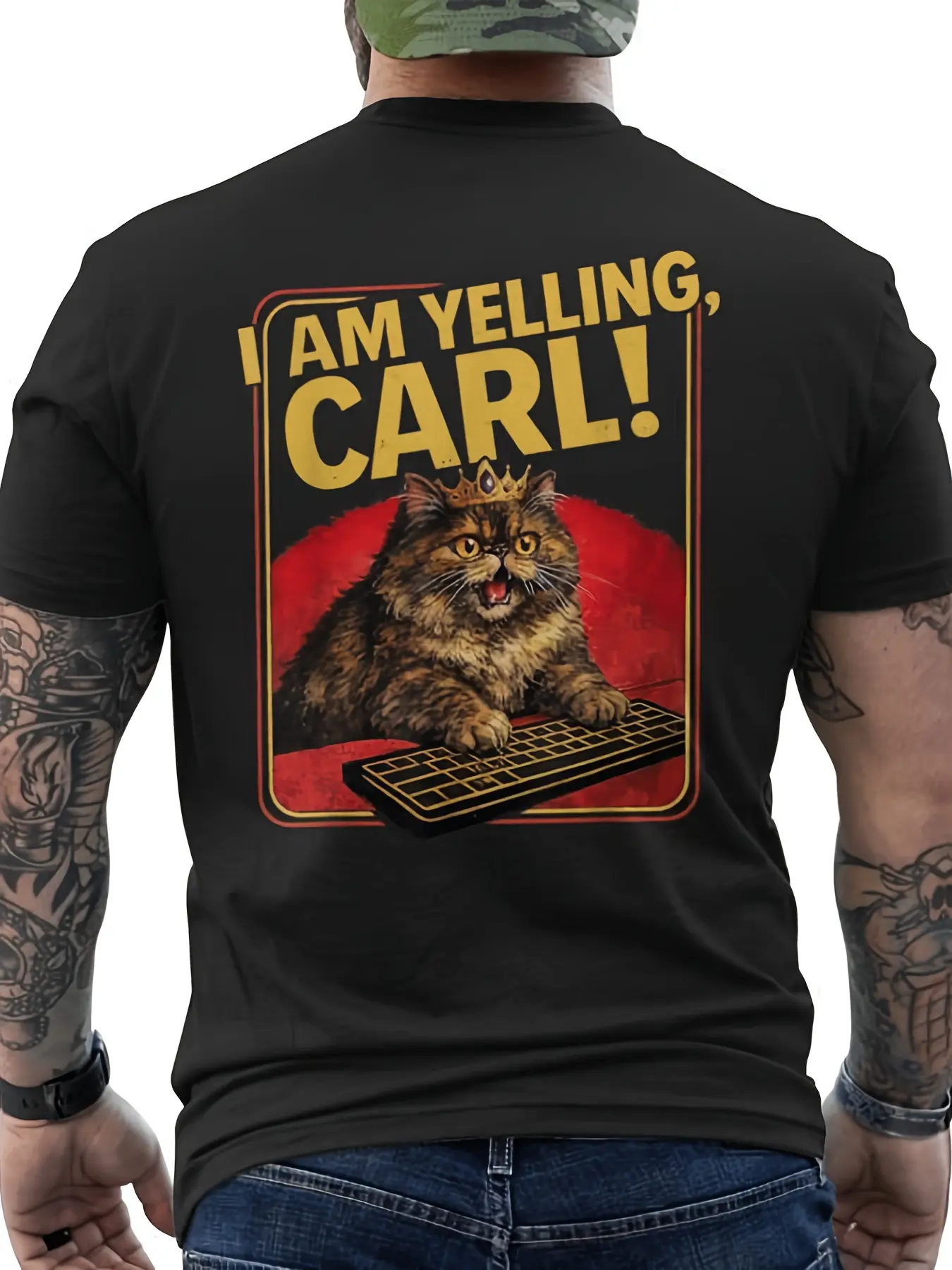 I Am Yelling Carl Donut Cat Men'S T-Shirt Back Pri unisex soft cotton short sleeve t shirt, vintage graphic casual tee for men women teens, perfect birthday holiday gift for camping travel gym daily street casual wear