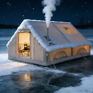 4 - Season Inflatable 8 - 10 Person Tent 129 Sq Ft with Stove Jack Mesh Windows and Pump for Camping Instant Portable Canopy