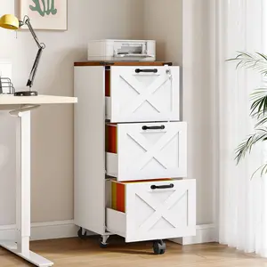 HOOBRO 3 Drawer File Cabinet with Lock, Farmhouse Office Cabinet, Wooden Tall Mobile Filing Cabinet Fits A4 and Letter-Size File Folder, Printer Stand, for Home Office, White and Walnut