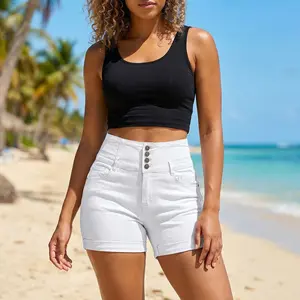 Women's White Denim Shorts, High Waisted Button Fly Jean Shorts, Rolled Hem Casual Summer Shorts with Pockets