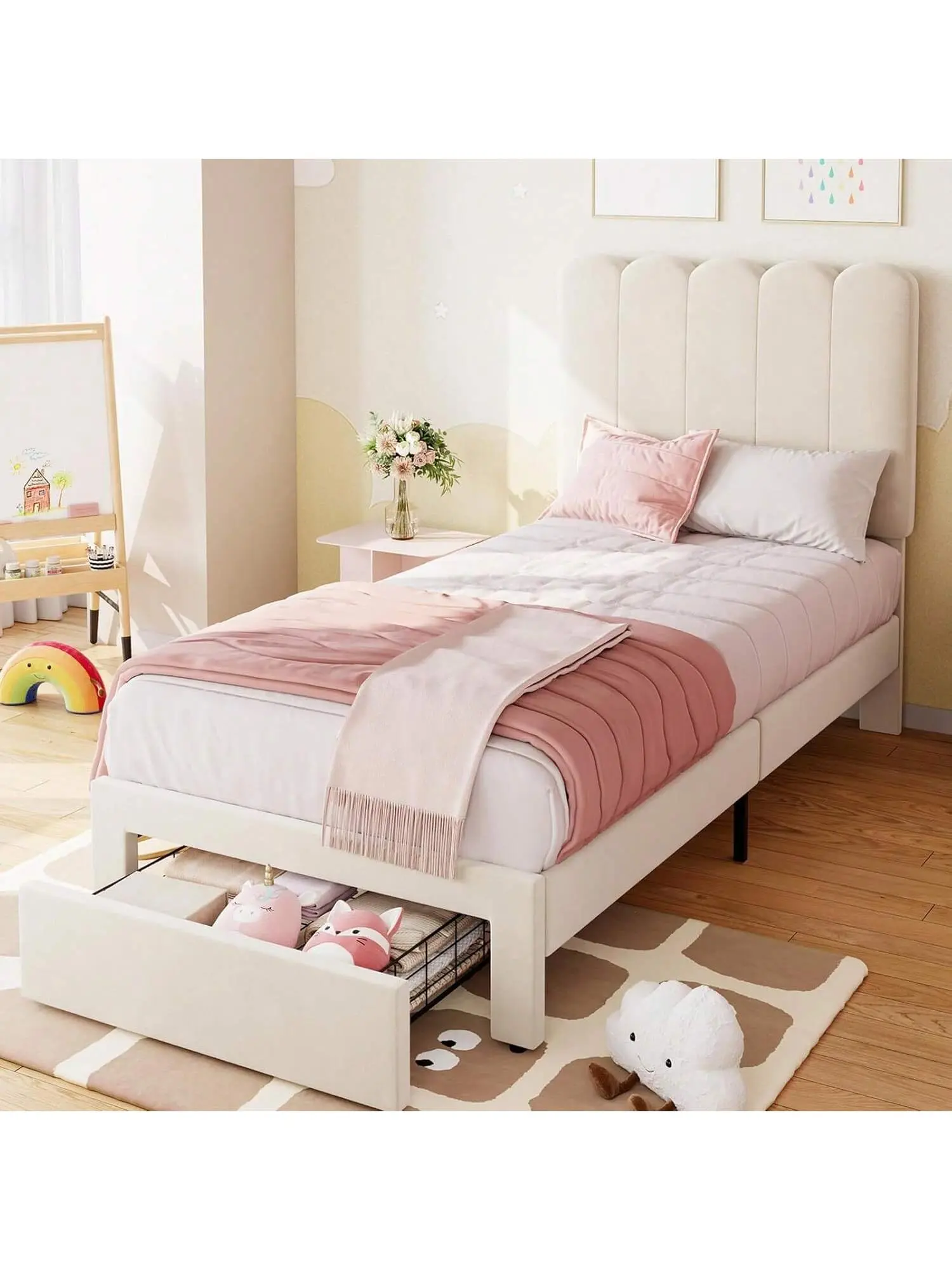 Twin Size Velvet Upholstered Platform Bed Frame with Headboard - Slatted Bed Base, Short Low Profile, Vertical Lines, Pull-Out Storage Drawer, Sturdy Wooden Support, Silent Noise-Free Design, Easy Assembly for Girls (26.4x16.9x4.9in)