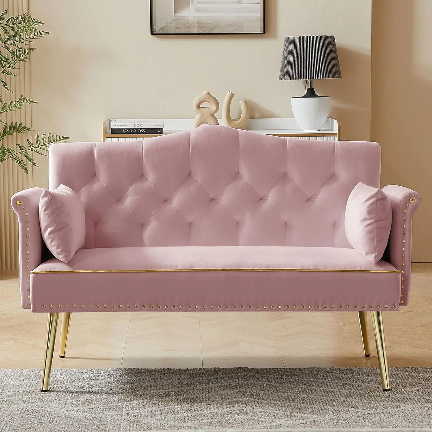 55" Modern Velvet Loveseat Sofa with Gold Metal Legs & Side Pockets, Mini Room Couch with Tufted Backrest, Perfect for Living Room, Bedroom or Office (Pink)