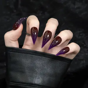 Purely handmade false nails, two-tone purple/red gradient glossy finish, ultra shiny and bright, translucent wear-on nail design