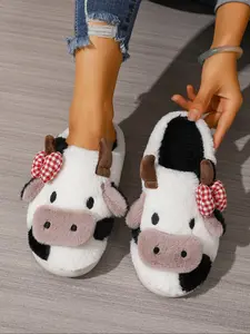 Autumn Winter Cow Print Plush Slippers, Cute Cow Face Design with Checkered Bow, Soft Warm Textile Material, Home Comfort