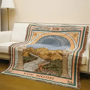 Moon & Mountain Pattern Tassel Throw Blanket, 1 Count Boho Style Warm Nap Blanket, Soft Comfortable Throw Blanket for Home & Office & Travel, Soft Cozy Blanket