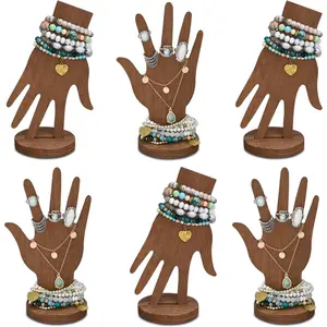 MOOCA 6-Piece Wooden Hand Form Jewelry Display Set - 2-Way Design for Wall Hanging or Standalone Mannequin Finger Hand Display, Brown Color