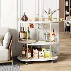 Gaomon Mobile Gold-Tone Bar Cart - 4-Tier Storage Shelf, Rotatable Wheels, Wine Rack, Glass Holder, Waterproof Marble-Smooth Metal Organiser with Easy Installation for Kitchen, Dining Room
