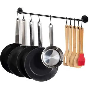 24" Gourmet Kitchen Rail with 10 S Hooks for Hanging Utensils, Pot Pan Lid Rack Storage Organizer Set, Steel, Black