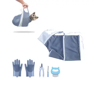 Cat Bathing Bag, Adjustable Anti-bite and Anti-Scratch Shower Mesh Grooming Bag for Pet Dogs, Includes Pet Nail Clipper, Nail File, Grooming Glove, and Cat Shell Comb