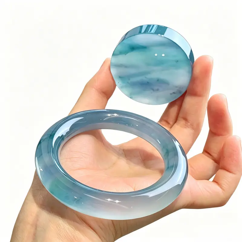 Natural Burmese High-Quality Ice Old Mine Glass Jade Bracelet - Round Bar, Blue Floral Patterns, Collectible Rare Stone Carving Accessory for Girls