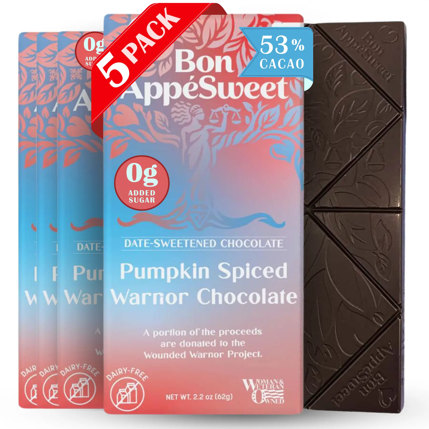 Bon Appesweet Date Sweetened Chocolate Bar | Pumpkin Spiced Warrior Chocolate | 2.2 Ounce |  Zero Added Sugar, 53% Cacao, Plant Based, Dairy Free, Limited Ingredients, and Guilt Free!