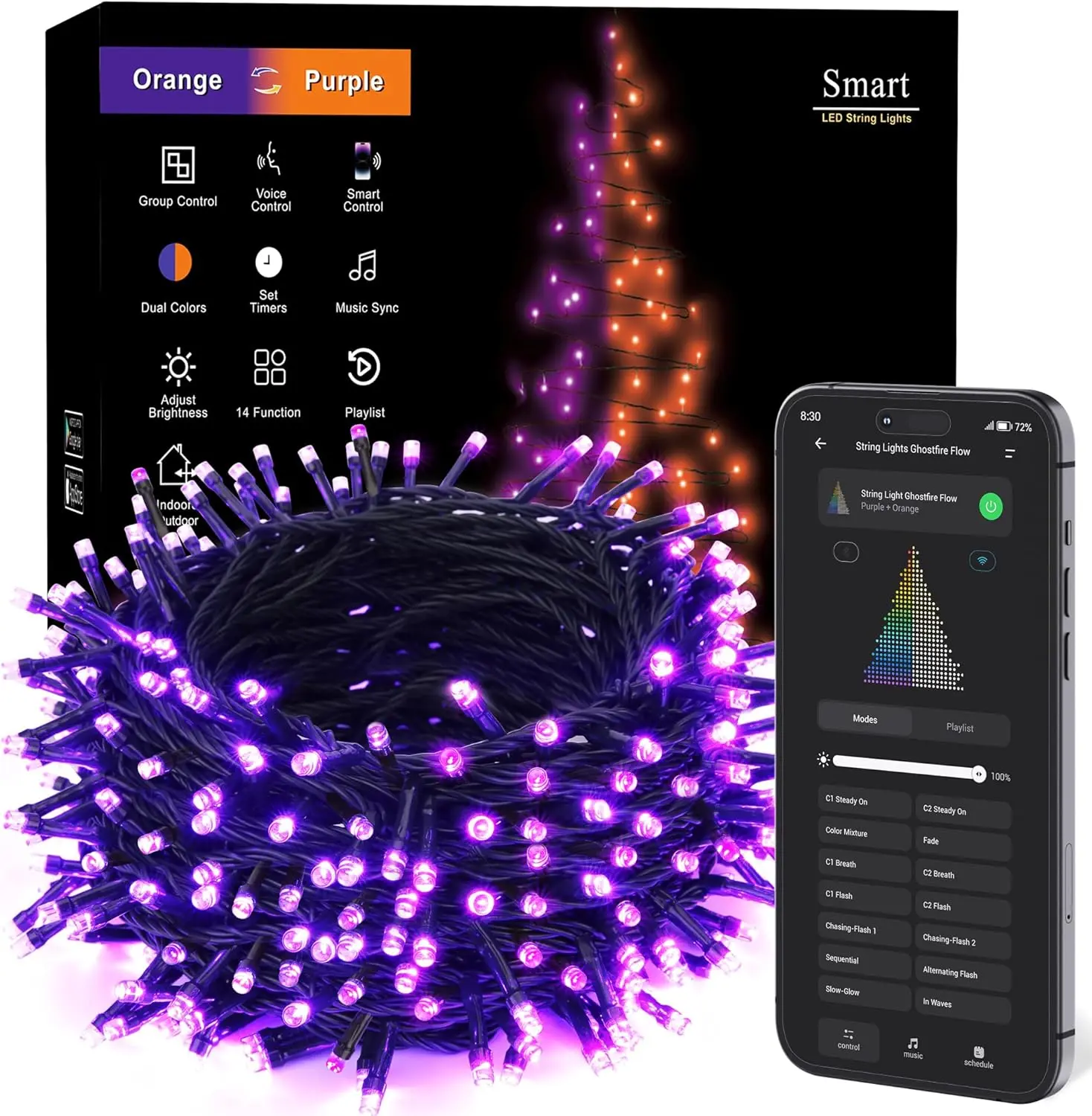 Brizlabs Purple Valentine's Day Lights, 98Ft 300LED Smart Color Changing String Lights APP/Voice Control, Music Sync Orange & Purple Fairy Light Waterproof for Christmas Indoor Outdoor Halloween