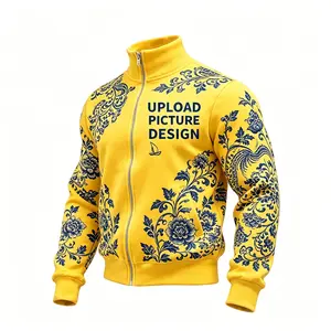 Men's Vintage Blue and White Porcelain Print Zip-Up Bomber Jacket Stand Collar Long Sleeve