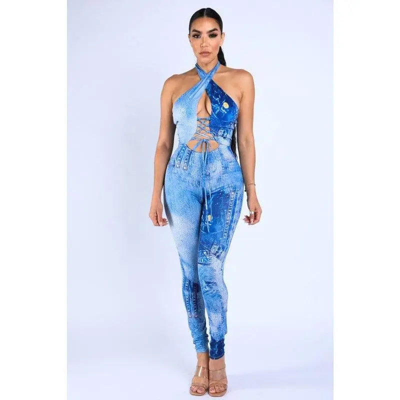 SELF CONTROL Denim Jean Printed Jumpsuit