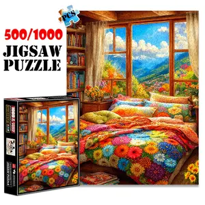 1pc 1000 piece adult puzzle 70x50cm Colorful Floral Bedding with Mountain - View Window and Bookshelves 500 pieces of paper jigsaw puzzle, suitable for adults and families, large-scale DIY puzzle
