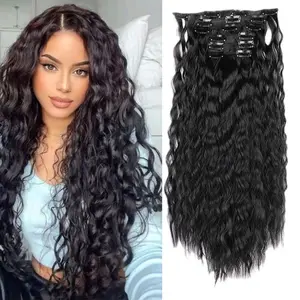 Curly Clip-In Hair Extensions, Natural Black Deep Wave Style Corn Wave Hair, 22 Inch Full Volume Hairpieces for Women, 6-Piece Clip-In Set soft synthetic fiber