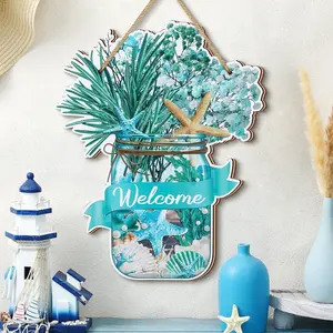 Summer Oceanic Wood Wall Pendants, Welcome Sign, Shell Seaweed Starfish Greenery Decor, Coastal Farmhouse Living Room Bedroom Decor