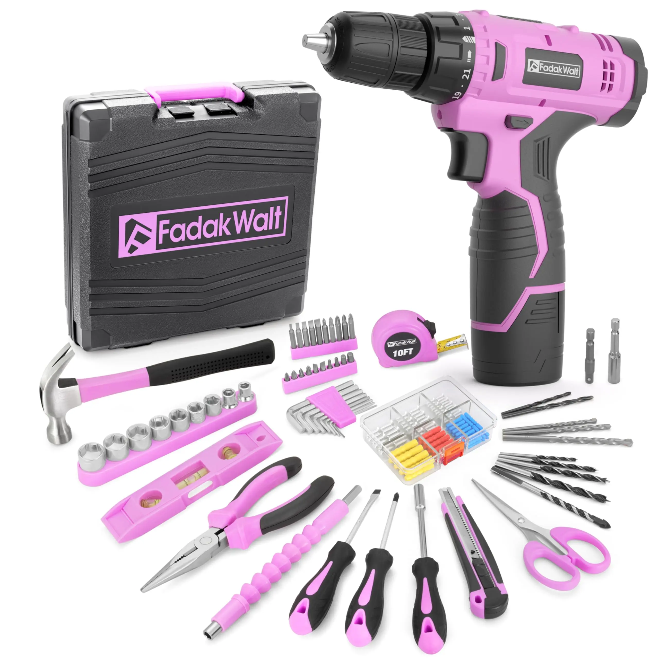 FADAKWALT 12V Pink Cordless Drill Set with Motor, 118PCS Electric Drill Driver & Household Tool Kit Set, DIY Screwdriver, LED Light, 180 in-lbs Torque, Rubber Grip, Batteries, Portable Wood Power Tool for Home Maintenance, Women's Gift