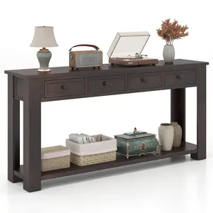 COSTWAY - 63 Inches Farmhouse Entryway Table with 4 Storage Drawers and Open Shelf-Espresso