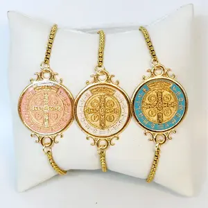 St Benedict Cross Reversible Medal Gold Charm Bracelet - Adjustable Slider for Catholic Spiritual Protection Talisman Pendant