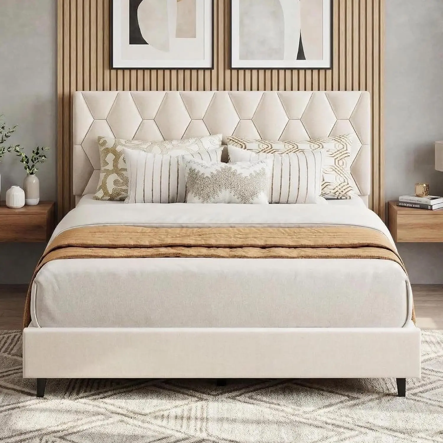 Queen Size Bed Frame, Platform Bed Frame with Upholstered Adjustable Headboard, Mattress Foundation with Strong Wooden Slats Support, No Box Spring Needed, Noise Free, Easy Assembly