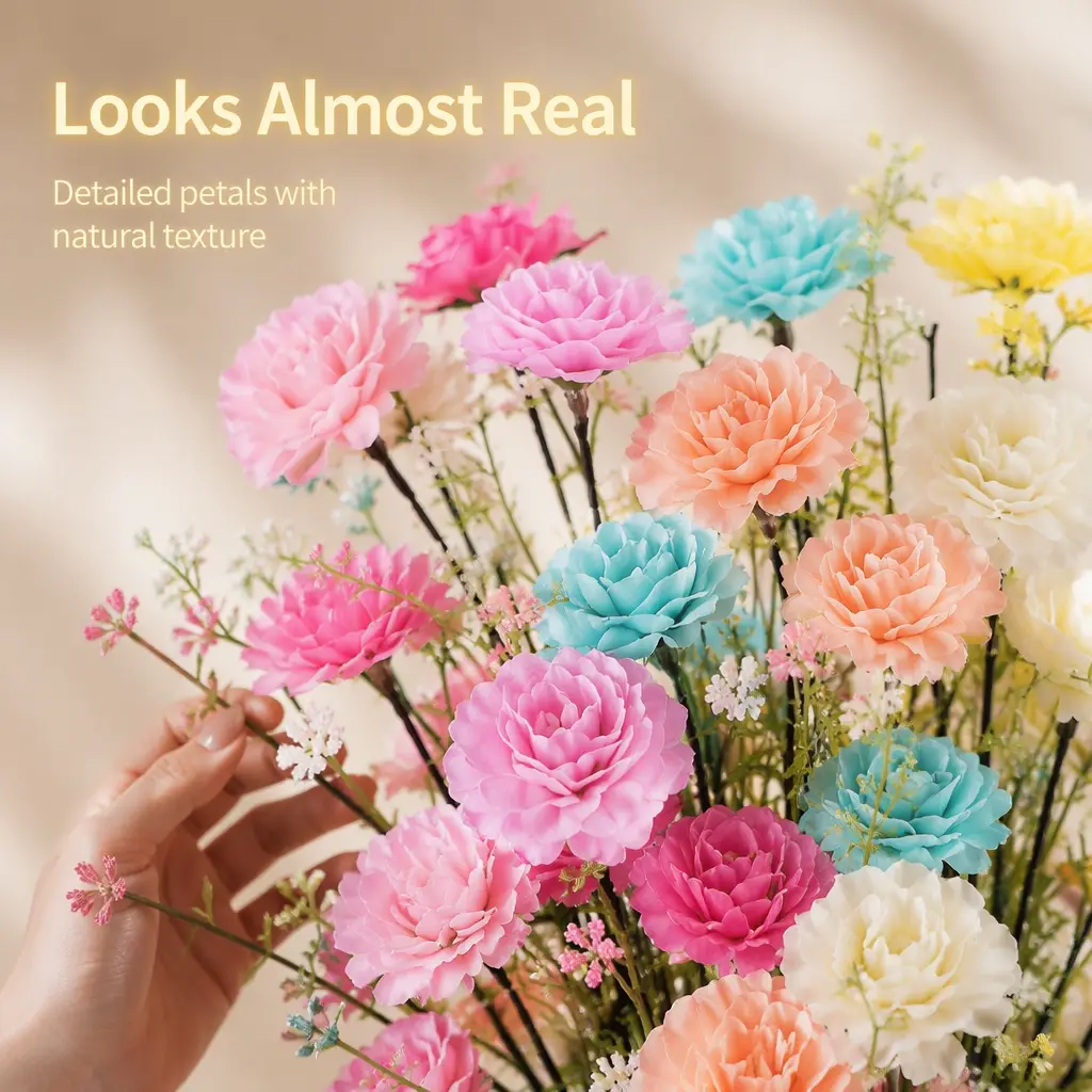 Artificial Peony Bouquets 12 Pastel Faux Flowers with Bendable Stems Silk Carnations and Baby's Breath Realistic No-Maintenance Floral Arrangements for Wedding Centerpieces Farmhouse Vases and Home Decor