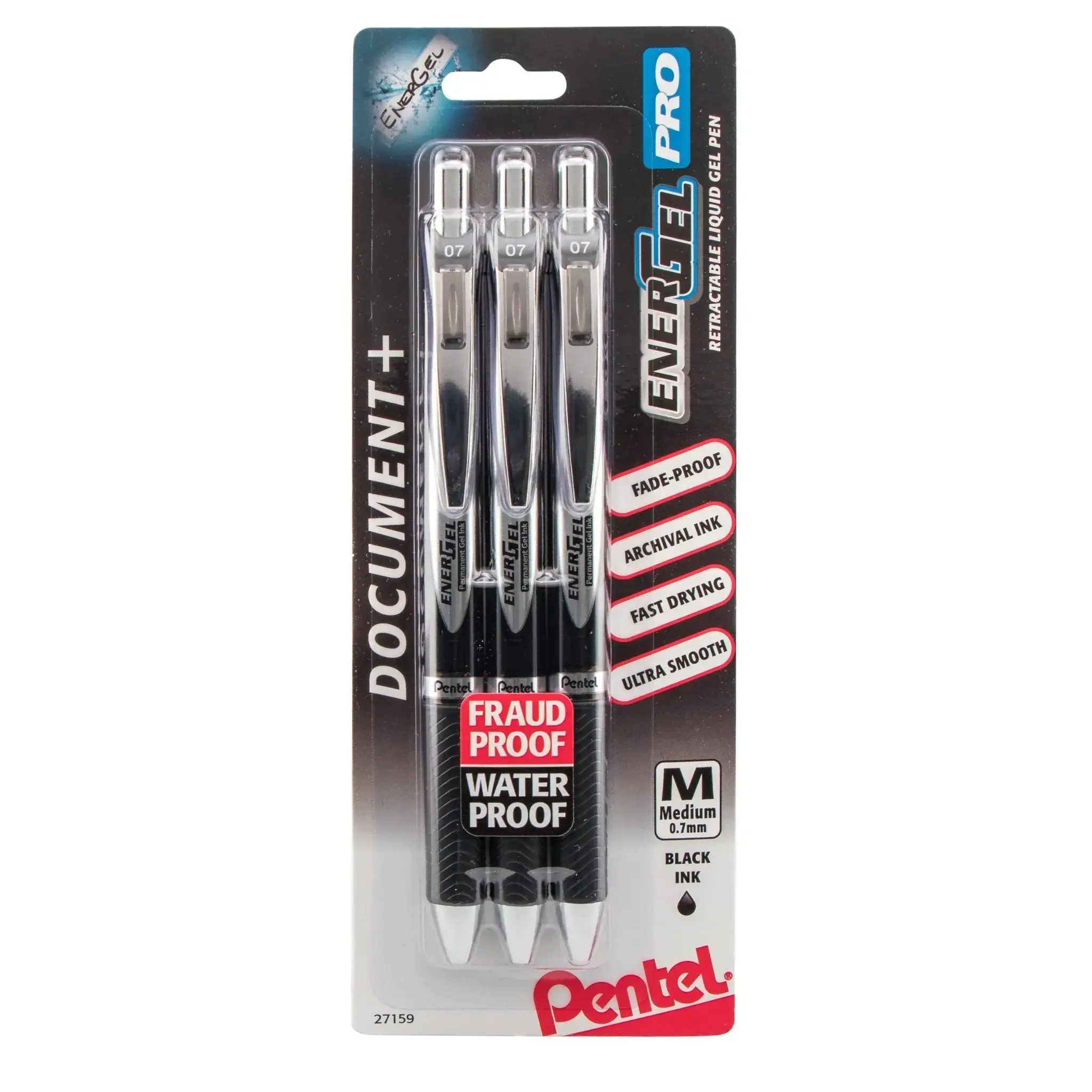 Pentel EnerGel PRO Retractable Fraud Proof Gel Pens - 0.7mm Medium Line, Black Permanent Waterproof Ink, 3-Pack, Refillable Office Stationery Writing Tool