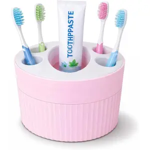 Toothbrush Holder for Bathroom Countertop, Multi-Slot Toothbrush Caddy with Drainage, Detachable Design, Non-Slip Base, Toothpaste Organizer (1, Pink)