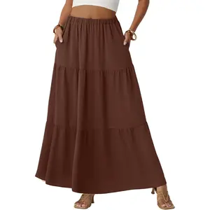 Womens Boho Casual Maxi Skirts Flowy Elastic High Waisted A-Line Long Skirts with Pockets Beach Vacation