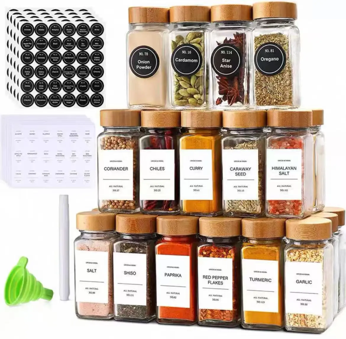 12pcs Sturdy Square Spice Shaker Jars Set - 4 Fluid-oz Bamboo-Wood-Glass Airtight Containers, 1.74”W x 4.1”H, for Kitchen Storage, Home Organizer Supplies, Homemade Gifts