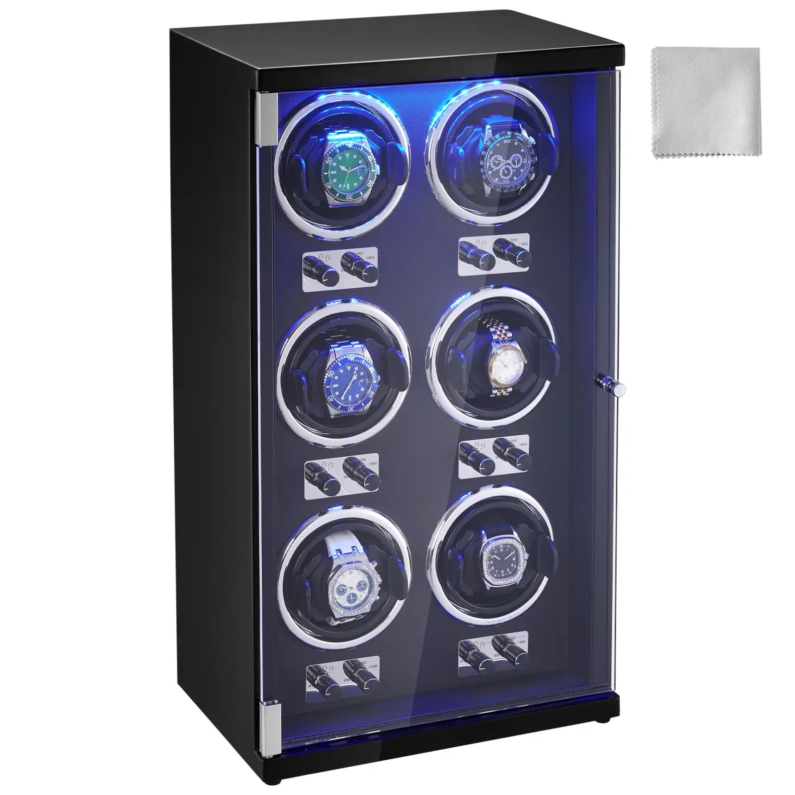【Summerfinds】VEVOR Watch Winder, Watch Winder for 6 Men's and Women's Automatic Watches, with 6 Super Quiet Japanese Mabuchi Motors, Blue LED Light and Adapter, High-Density Board Shell and Black PU