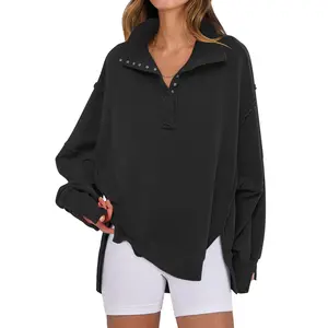 ANRABESS Women's Sweatshirts Oversized Casual Loose Button Up Henley Pullover Top High Low Split Fall Fashion Outfits