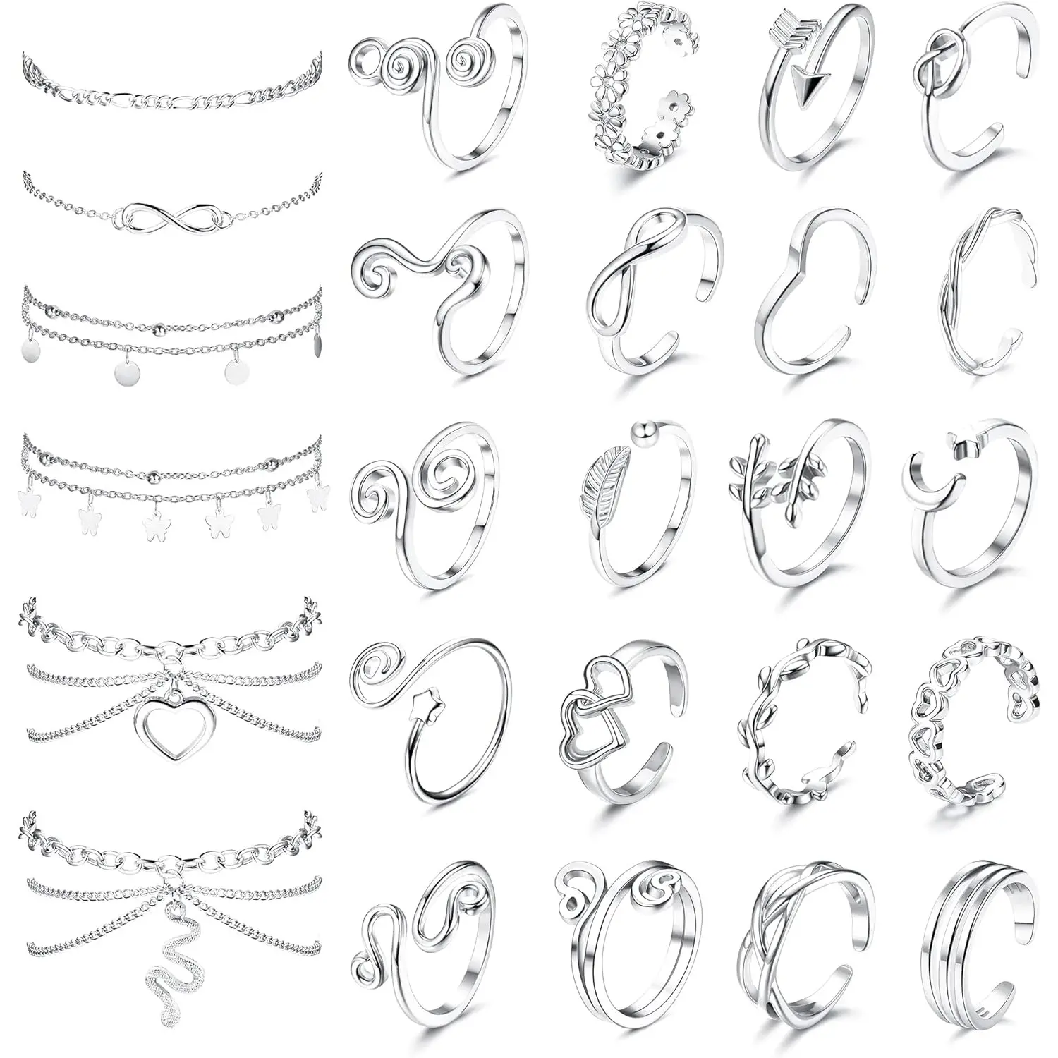 MILACOLATO Toe Rings and Ankle Bracelets for Women Silver Rose Plated Gold Anklet Toe Rings Cute Layered Anklets Open Tail Rings Adjustable Beach Foot Jewelry for Summer, Beach Wear, Female