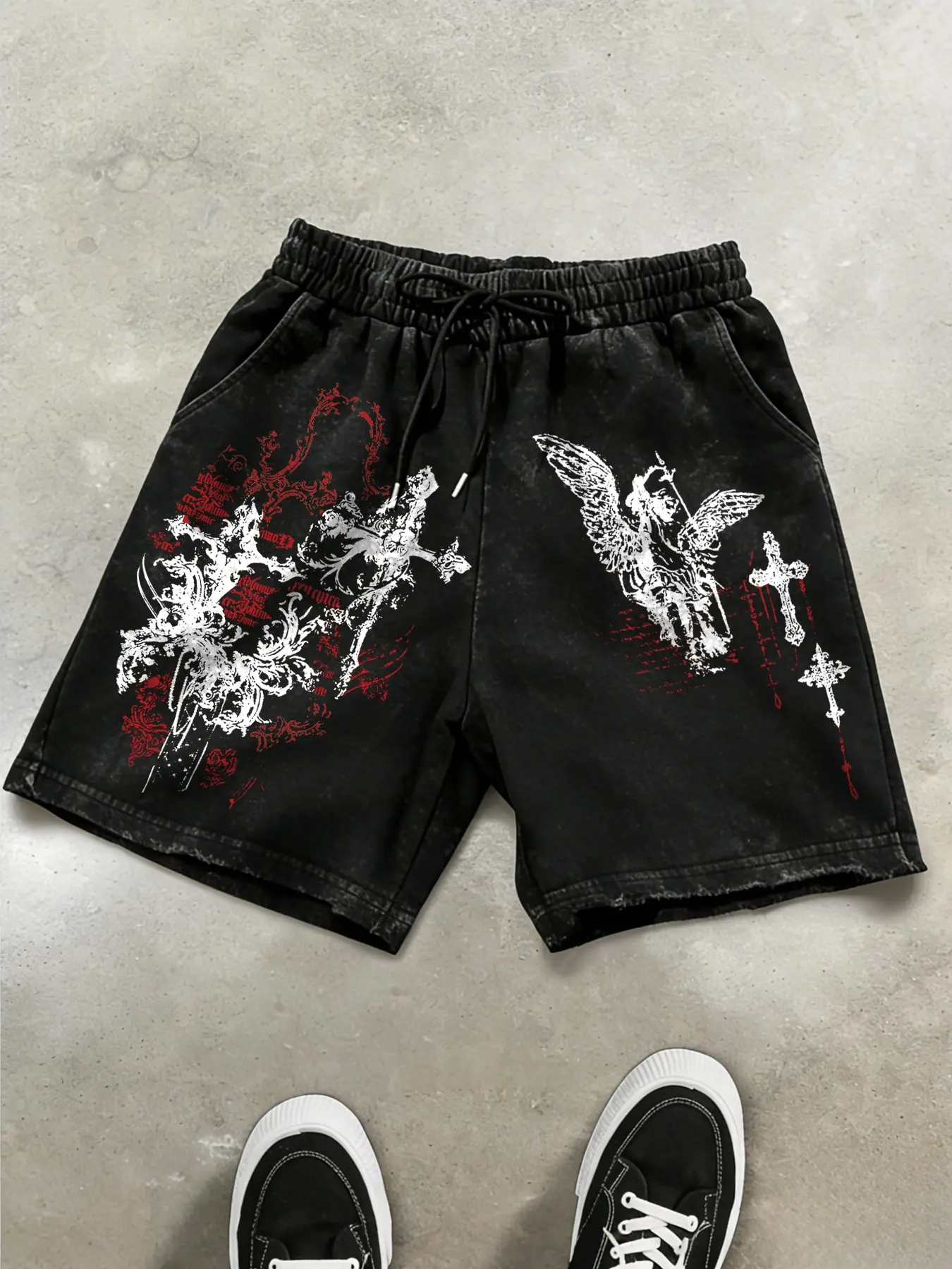 Unisex Gothic Graphic Print Washed Cotton Elastic Shorts, Casual Summer Wear, Comfortable and Stylish, Perfect for Daily Use
