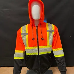 Safety zip-up sweater with hoodie for work. It has high visibility reflectors, is made of 100% polyester, and has a lining inside.