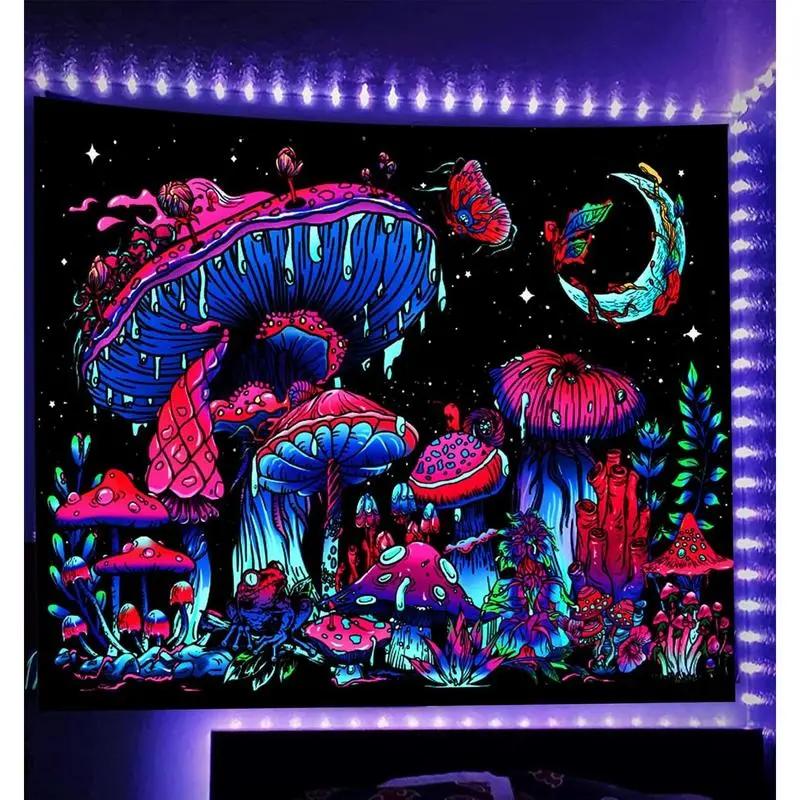 TUGCAY Blacklight UV Reactive Glow In The Dark Tapestry - Colorful Fantasy Theme Wall Decoration, Room Decor with Mushroom, Butterfly, Moon, Artificial Plant, Exquisite Rolling Edge Polish, 60x40in, Lightweight Hang, Machine Wash, Birthday Gift, Picnic Ta