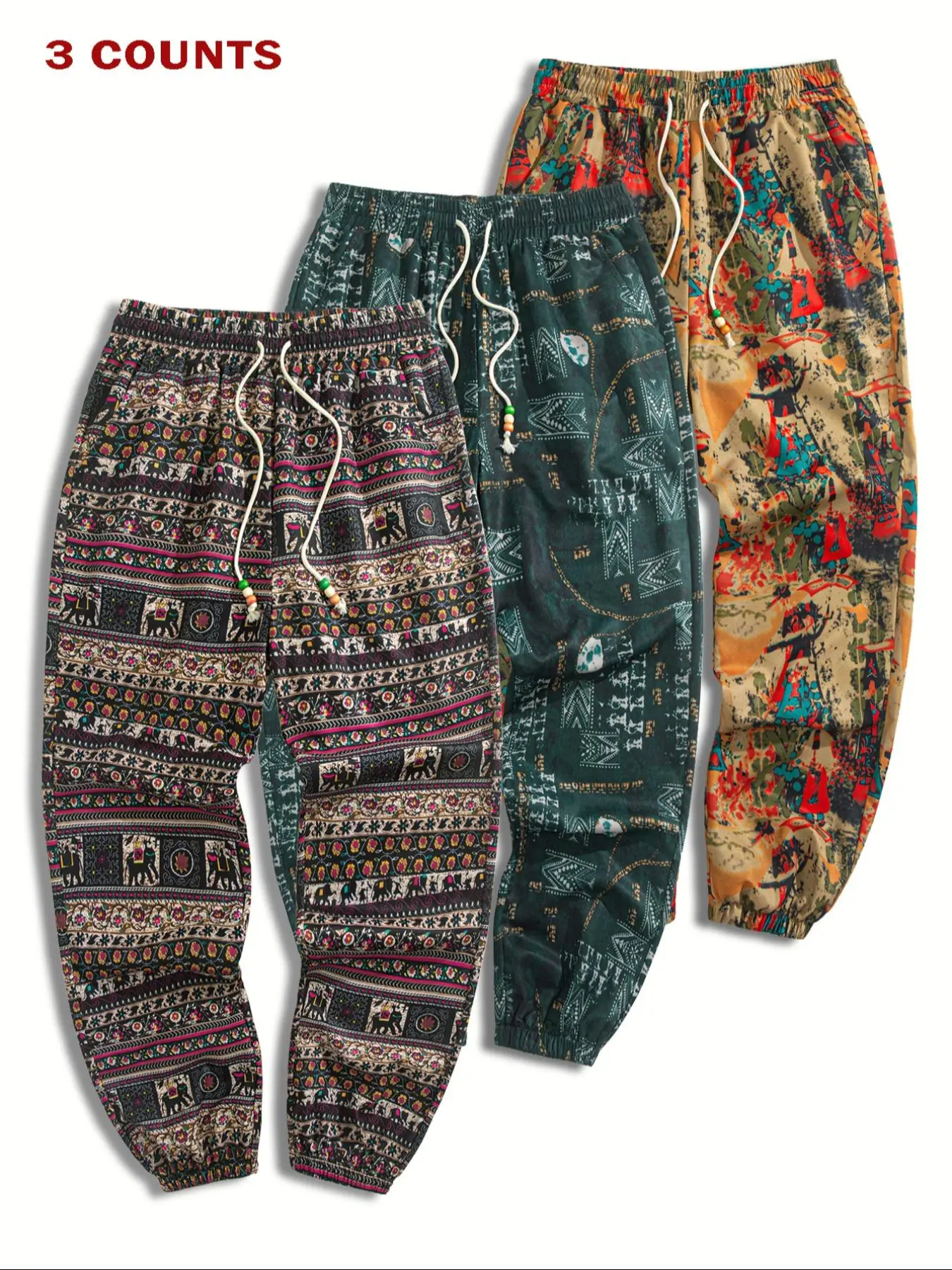 Men's Ethnic Pattern Drawstring Waist Pants, Loose Casual Comfy Boho Trousers for Summer, Men's Bottoms for Daily Wear