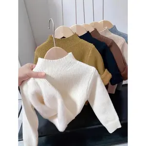 Kids' Cozy Knit Sweater - 100% Polyester, Crew Neck, Velvet Collar, Thickened Base Layer for Boys, Fall/Winter Thermal Top