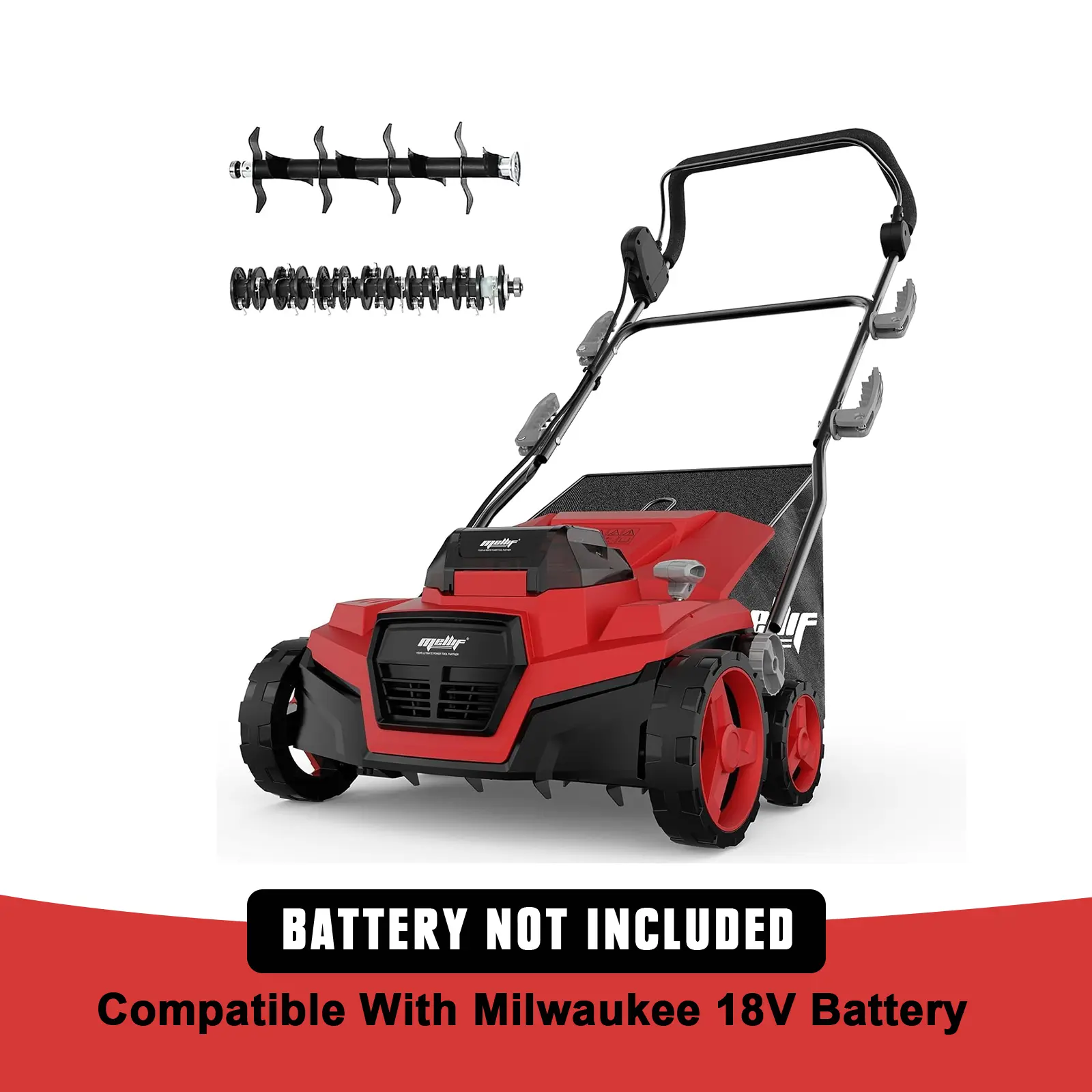 Cordless 15IN 2-in-1 Scarifier & Dethatcher Compatible with Milwaukee 18v Battery (Tool Only), 12 Gal Collection Bag, Air Boost Technology, Quick Fold & 3 Adjustable Position, Walk-Behind for Lawn Care