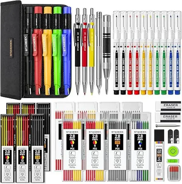 STAGEEK 38-Pack Carpenter Pencils Set with 108 Refills, 2 Sharpeners for 2.0mm Leads, Deep Hole Long-Nib Marker Pens, Automatic Center Punch, Carbide Scribe Tool, Case - Balanced Weight Drawing Supplies Writing Stationery for Woodworking (All Seasons)