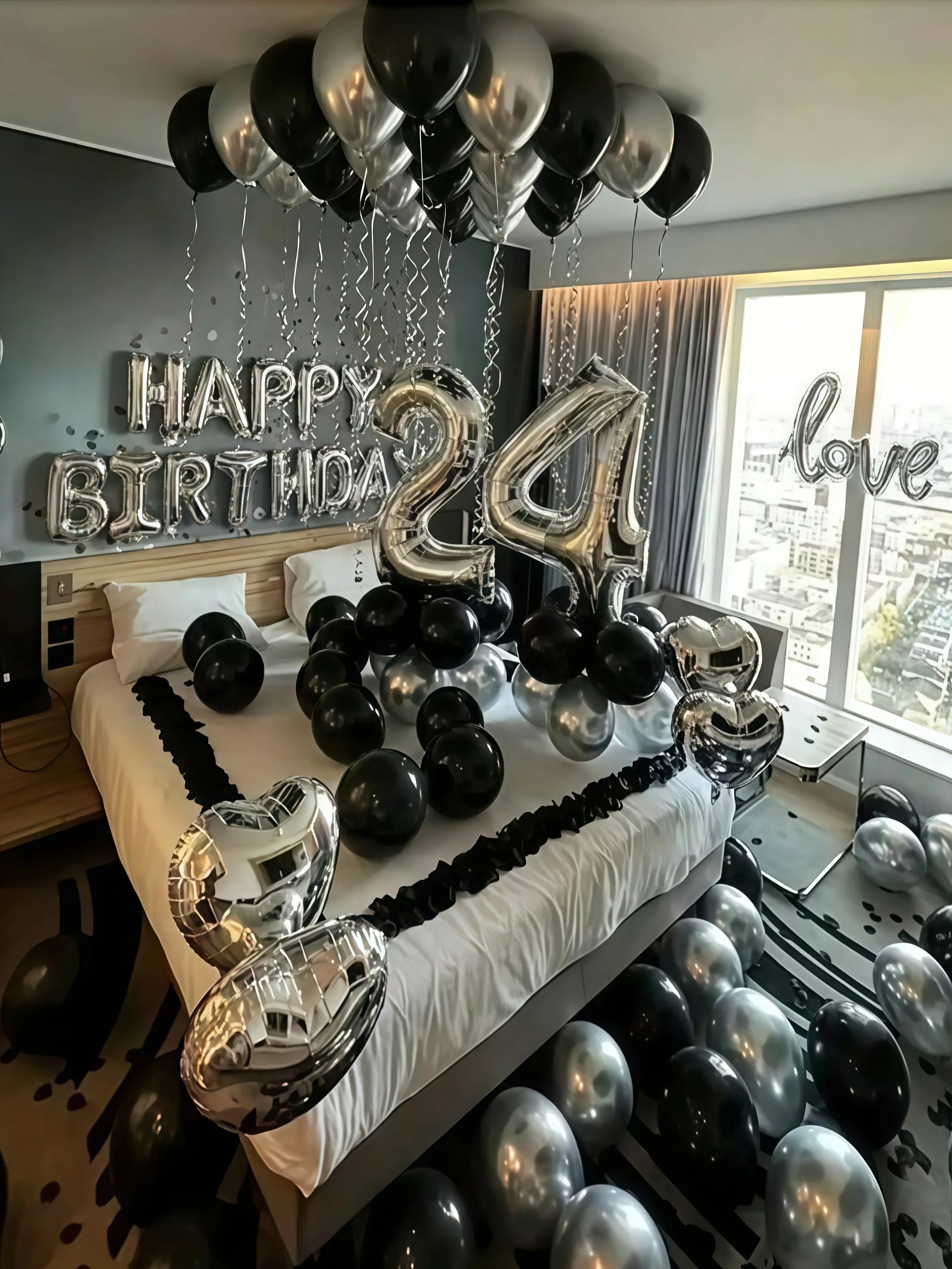 Black & Silver Balloon Garland Set – Birthday Decoration Kit with 40" Number Balloons, Rose Petals & Party Supplies | Perfect Gift for Birthday Party Decor