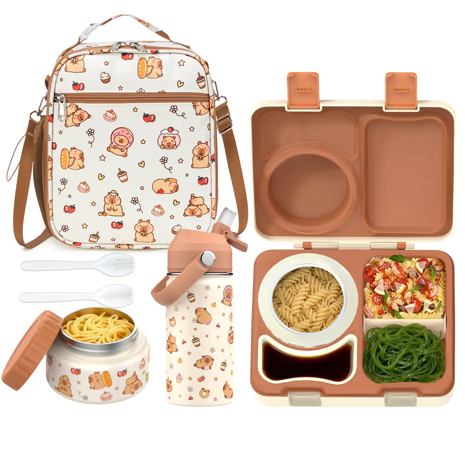 SIMILOVE BPA-Free 304 Stainless Steel Rectangular Kids Lunch Box Set - 8oz Thermo Insulated Food Jar, Leakproof Bento Tray, Dividers, Ice Pack, Sauce Cup, Utensils, Lunch Bag, Adjustable Backpack (for Girls, Kids Over 3 Years, School, Hiking), Removable