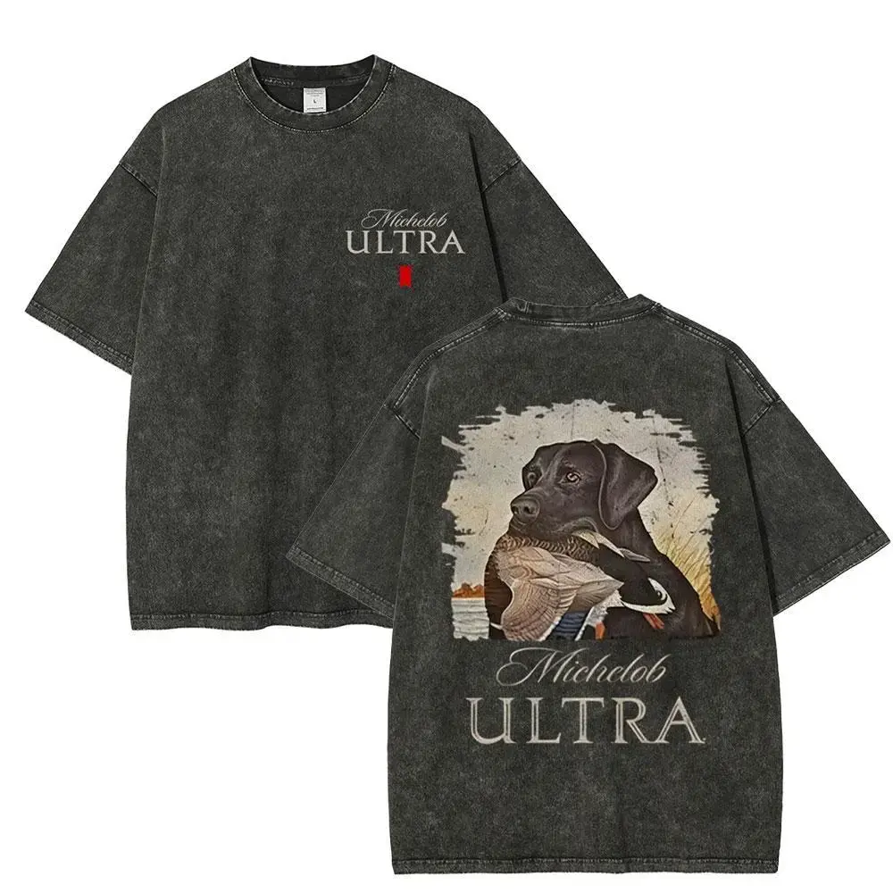 Michelob Ultra 2-Sided Mallard & Dog Graphic Print Cotton Fabric T-Shirt - Mens Clothing Vintage Graphic Tees, Unisex All Seasons Casual Short Sleeve Loose Tops, Round Neck Crewneck Beer Lovers Gift, Loose-Fit